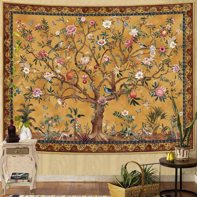 VIKAMA Boho Life Tree Wandteppich in Multicolour mit floralem Naturmuster im Retro-Bohemian-Stil - Bild 1