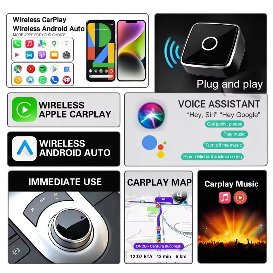 AUTOABC 2-in-1 CarPlay und Android Auto Adapter, kabelloser Dongle mit 5GHz WLAN, USB-C und USB-A, Schwarz - Bild 3