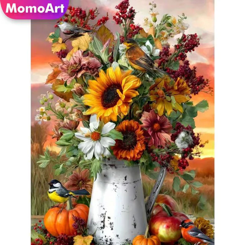 Momoart DIY Diamant-Stickerei Sonnenblumen-Gemälde in Vase, mehrfarbiges rundes Diamant-Mosaik für Anfänger - Bild 1