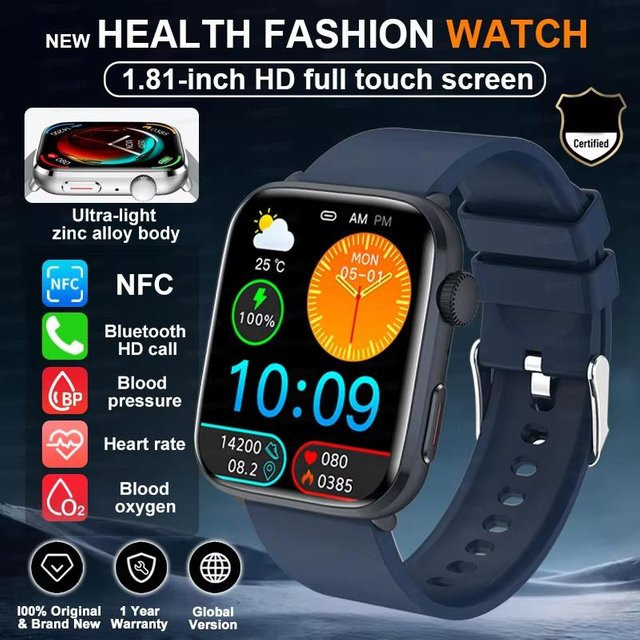 NFC Smartwatch für Herren mit Blutdruckmessung, Herzfrequenzüberwachung und Bluetooth-Anruffunktion, KI-Diagnose, Blau, kompatibel mit iOS und Android - Bild 1