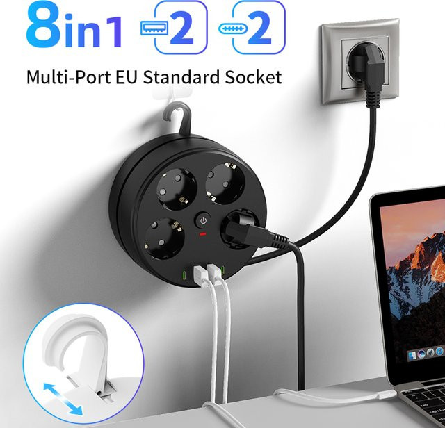 Steckdosenleiste in Schwarz mit 2 Meter Verlängerungskabel, 4 AC-Steckdosen, 2 USB-A und 2 USB-C Anschlüssen, 8-in-1 EU-Ladegerät mit Schalter - Bild 1