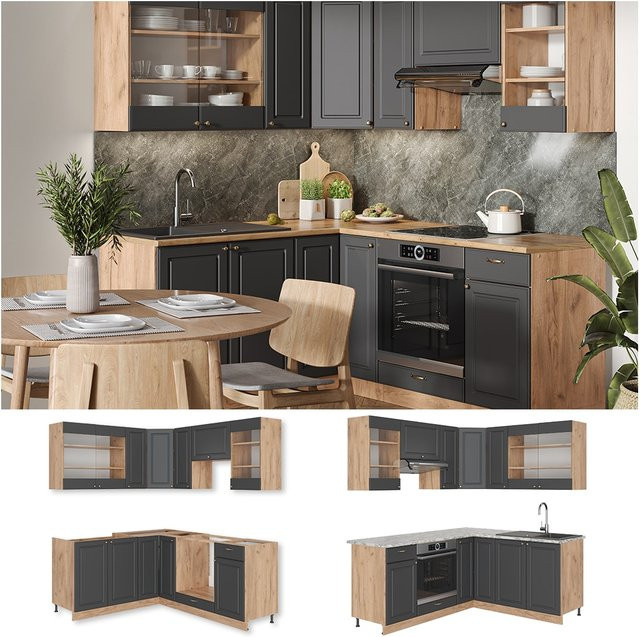 Vicco Eckküche Fame-Line Landhausstil Eiche Anthrazit Gold B: 160 cm, T: 60 cm, H: 82 cm - Bild 1