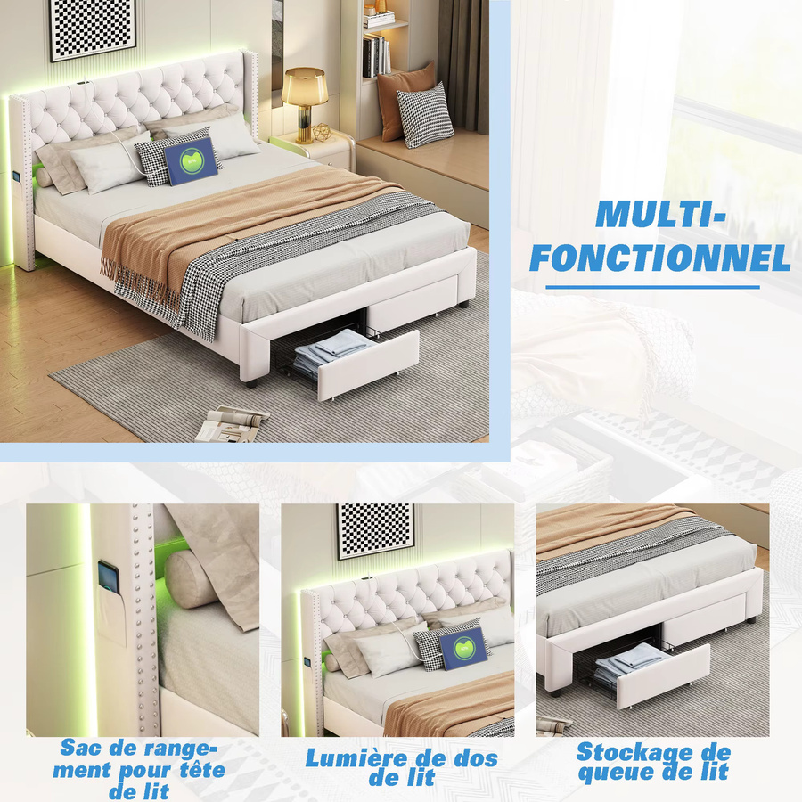 Gepolstertes LED-Bettgestell WoodenAura aus Samt mit 2 Schubladen und getuftetem Kopfteil, B/T/H: 140 x 190 cm - Bild 4
