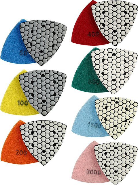 VIBRATITE Dreieckige Schmirgel-Trockenpolierpads für Granit, Marmor, Beton und Stein, Durchmesser: 90 mm - Bild 1