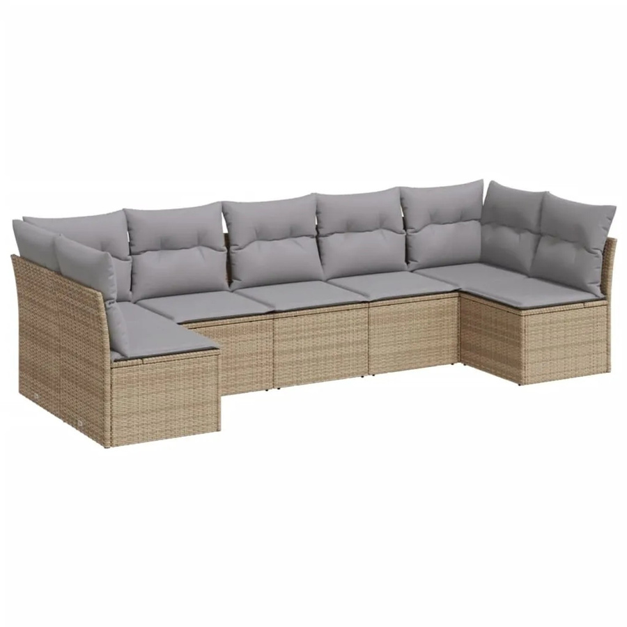 vidaXL 7-tlg. Garten-Sofagarnitur in L-Form aus beige farbenem PE-Rattan mit Kissen und Stauraum - Bild 2