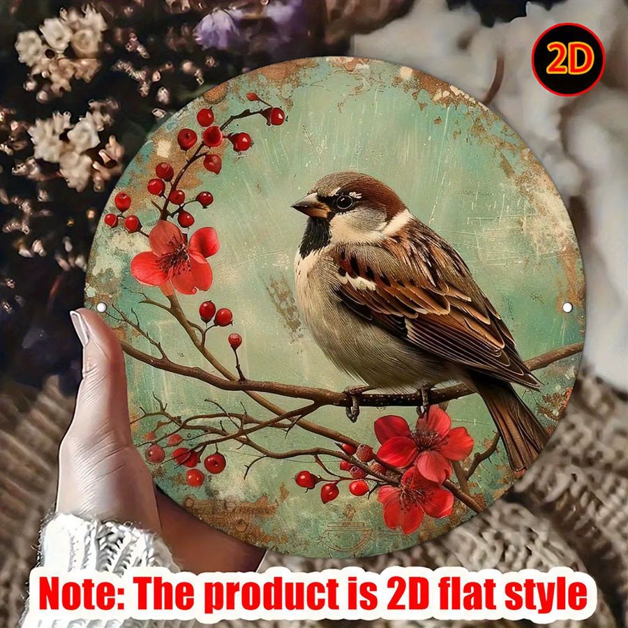 Potdemiel Vintage Sparrow Floral Metallwandkunst aus Aluminium, kreisförmig, rot und grün, Durchmesser: 20 cm - Bild 2