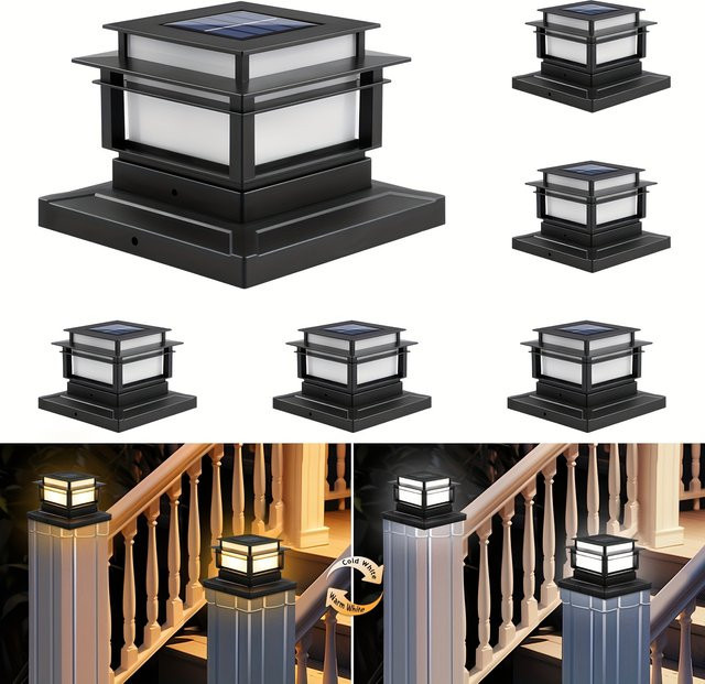6er-Pack Solar-Säulenleuchten aus Kunststoff in Schwarz, moderne LED-Solar-Säulenlichter für Garten, Terrasse und Treppen, B/T/H: 15,0 x 10,5 x 15,0 cm - Bild 1