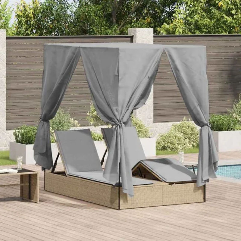 Vidaxl Doppel Sonnenliege mit Vorhängen aus Rattan und Metall, verstellbar, Beige - Bild 1