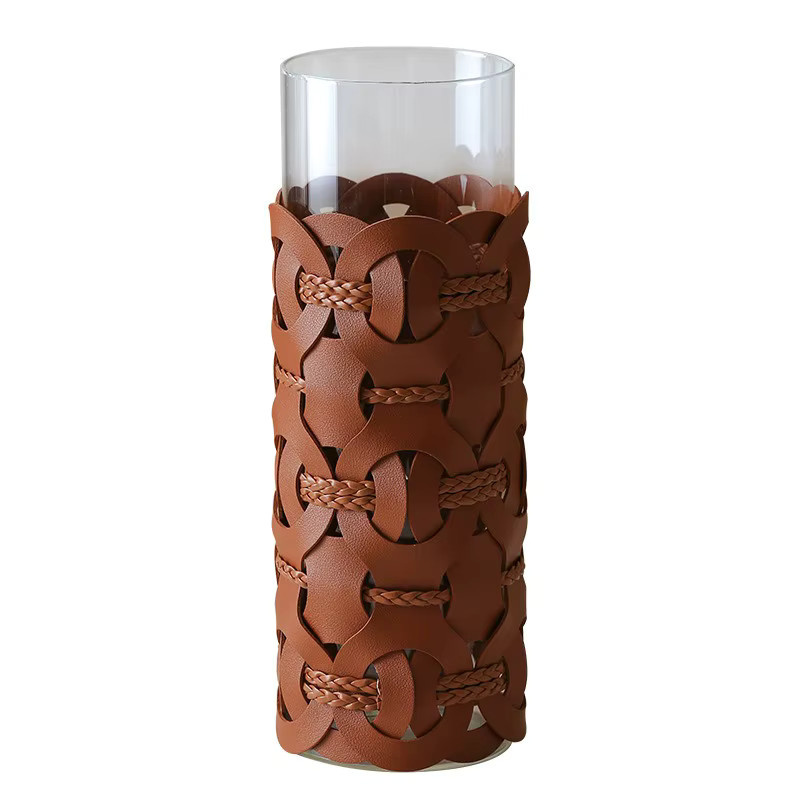 AhunderJiaz Moderne Vase aus gewebtem Leder in Schwarz, Handgefertigte Dekovase für Tischdekoration und Schnittblumen - Bild 3