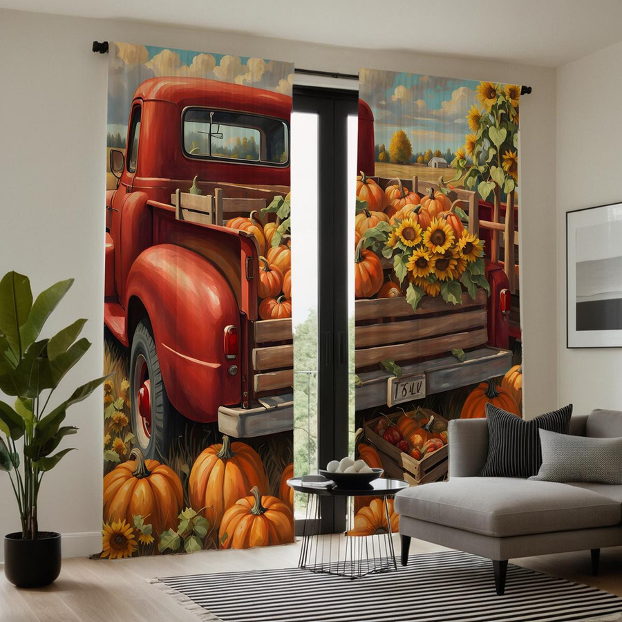 2er Set dekorative Vorhänge mit Sonnenblumen und Kürbis Motiv in Gelb und Multicolour, B: 132 cm, H: 160 cm - Bild 2