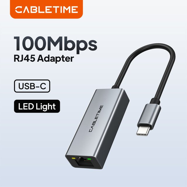 CABLETIME USB-C Ethernet-Adapter RJ45 Netzwerkkarte für Laptop und PC, 100 Mbit/s, Grau - Bild 1