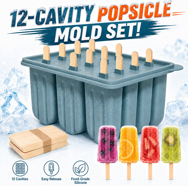 PGY 12-fach Silikon-Eisformen-Set in Blau mit 50 Stäbchen für hausgemachte Eis-Pops und Cakesicles aus lebensmittelechtem Silikon, rechteckig - Bild 1