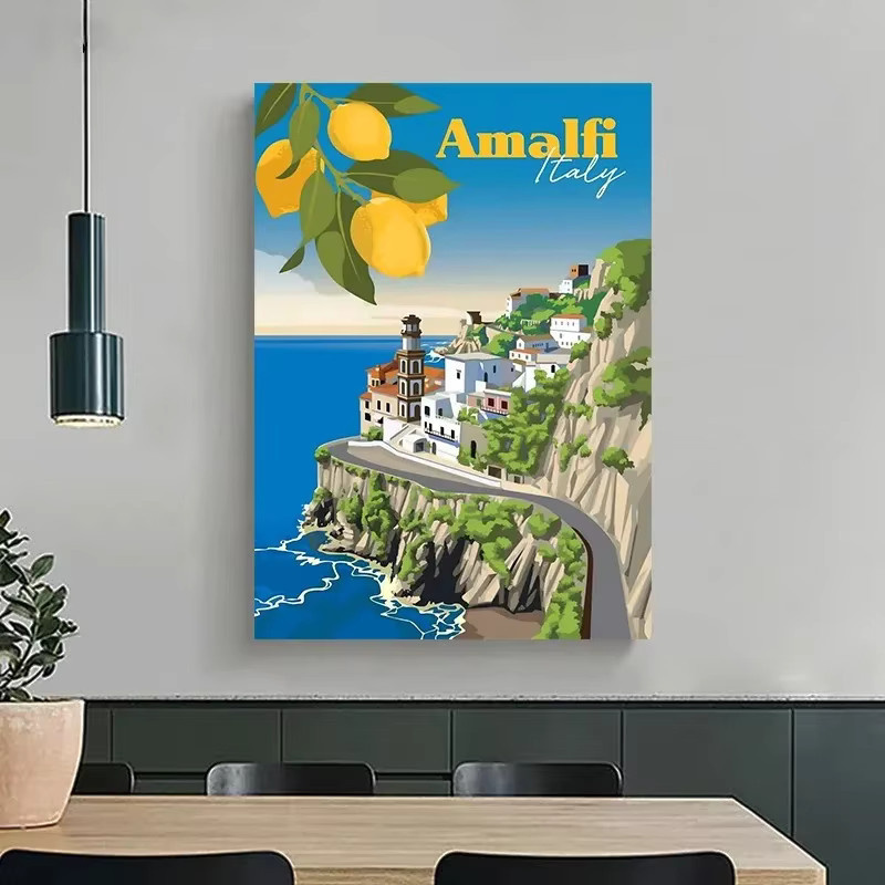 Potdemiel Vintage Reise Leinwand Wandkunst Bild mit Motiven von Tokyo, Amalfi Küste, Santorini und der Französischen Riviera in Mehrfarbig - Bild 1