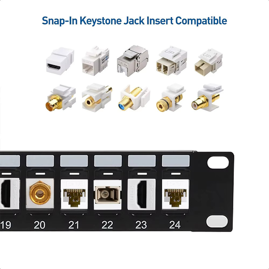 ZoeRax 24-Port RJ45 Netzwerk-Patchpanel 1U 19 Zoll, geschirmt, Schwarz, mit Kabelmanagement und Stützleiste - Bild 3