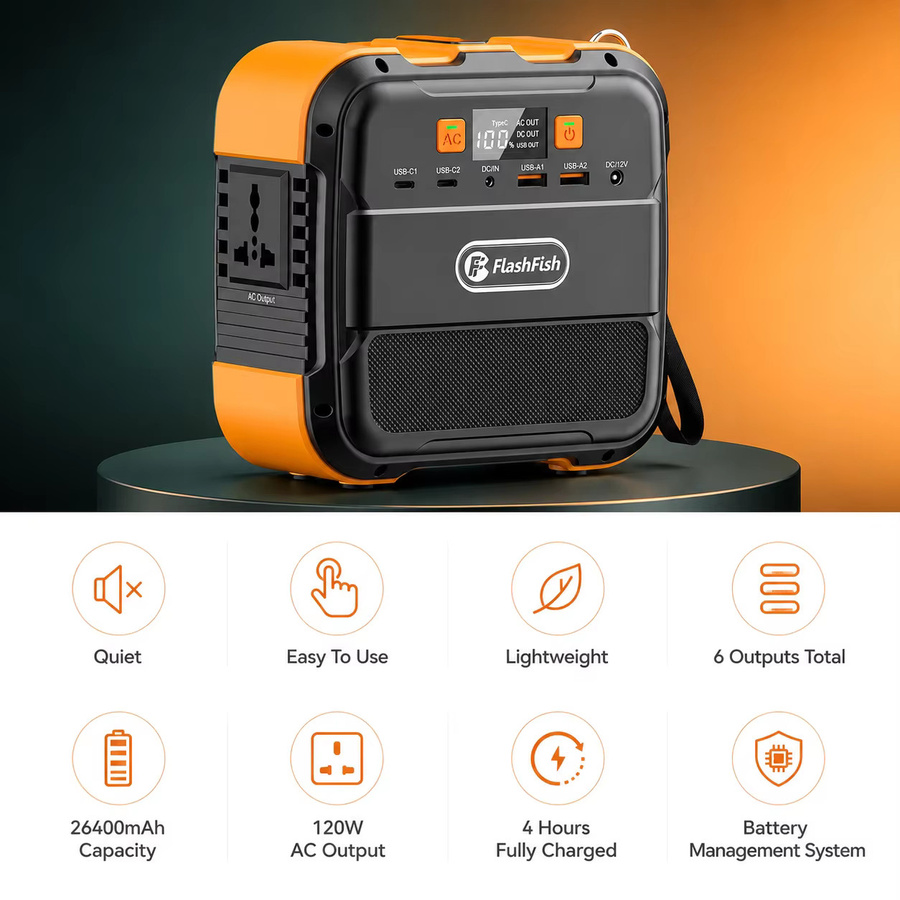 Tragbare Powerstation FlashFish A101 Solargenerator mit 120W Spitzenleistung, 98Wh Kapazität und Mehrfach-Ausgangsanschlüssen in Schwarz-Orange - Bild 8
