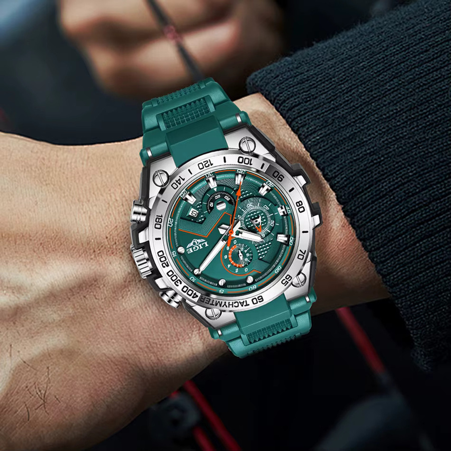 LIGE Chronograph Armbanduhr, Quarz, Silikon, Grün, Herren - Bild 5