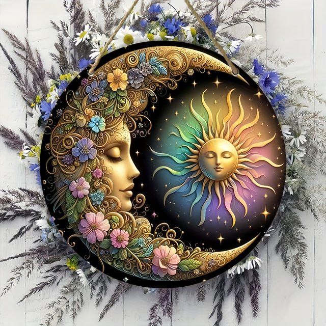 HELLOYOUNG Wandplatte aus Metall im Mandala-Kunststil mit Sonne, Mond und Blumenmuster, B/H: 20,3 x 20,3 cm - Bild 1