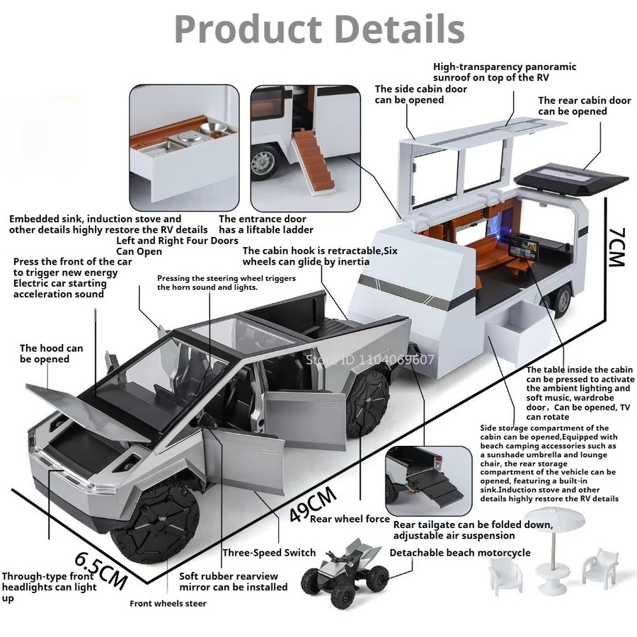 MAKEDA Pickup Trailer Wohnmobil, Diecast Auto, 1:24, mit Licht und Sound - Bild 2