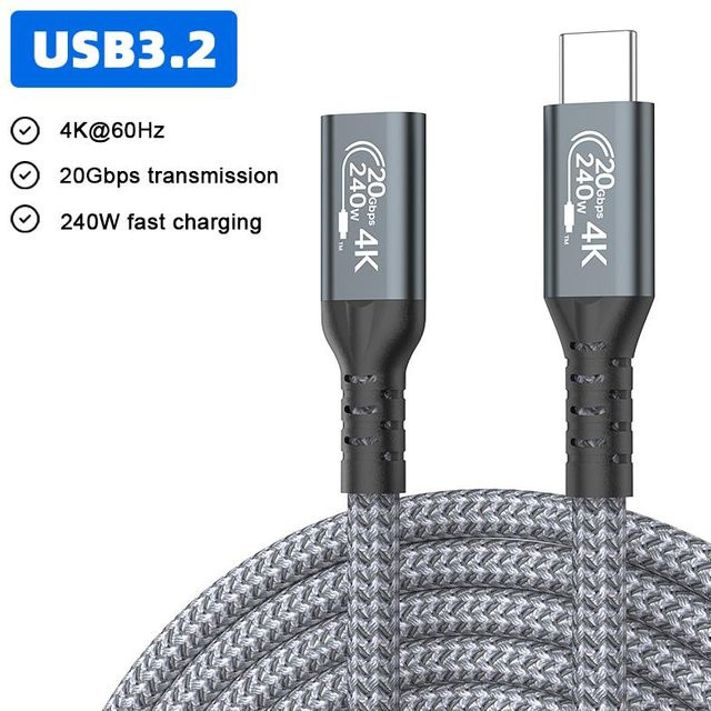 DR Automobile USB Typ C Verlängerungskabel 3.2 USB-C auf Typ-C Buchse Extender PD240W Ladedatenkabel für Thunderbolt 3 und MacBook, grau, Länge: 2 m - Bild 1