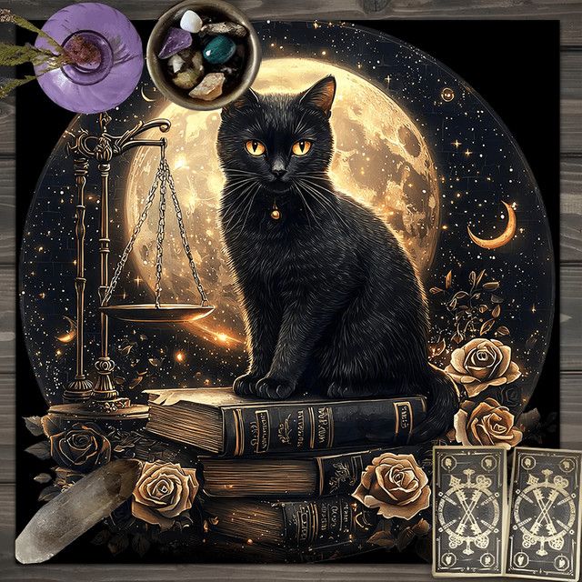 VIKAMA Tischdecke mit schwarzer Katze und Tarot-Motiv für deinen Altar oder dein Wohnzimmer - Bild 1
