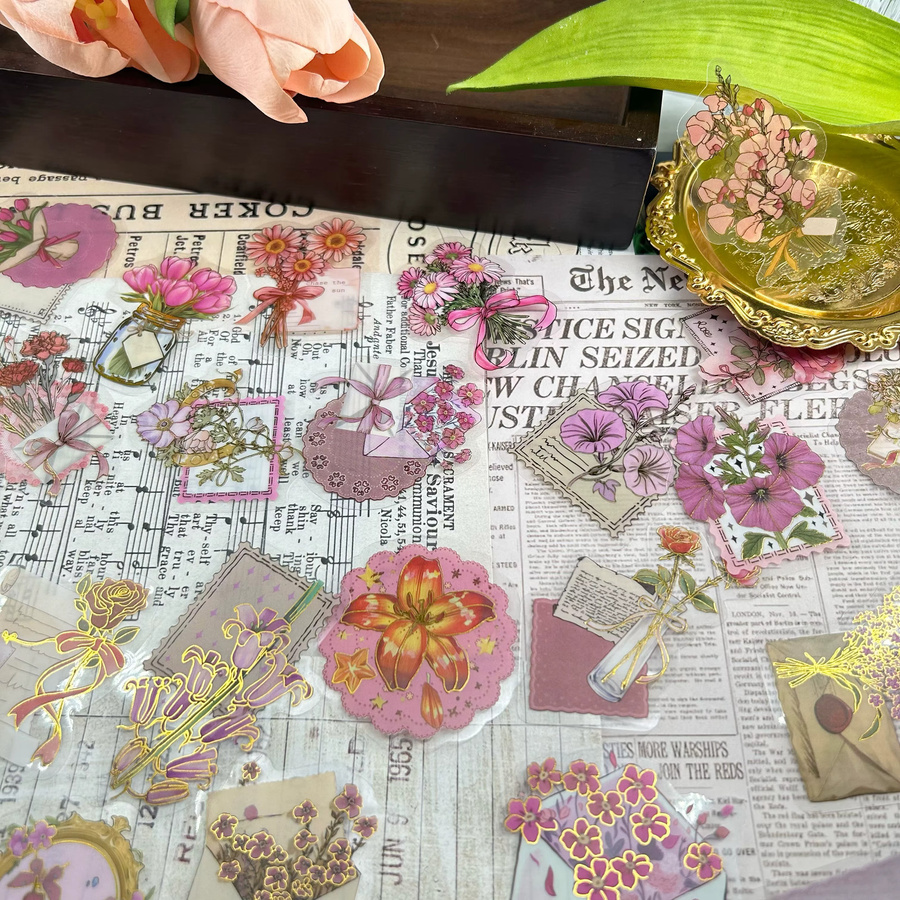 50 Stück Floral Heißstempel Aufkleber mit Blumen-Design, wasserfeste PET Dekoration für Journaling, Notebook und Wasserflaschen, Mehrfarbig - Bild 1
