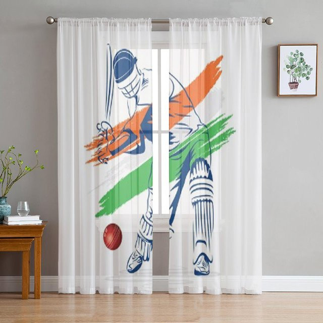 Transparenter Voile Organza Vorhang mit abstraktem Kricketspieler Design in Weiß, Breite: 135 cm, Höhe: 114 cm - Bild 1