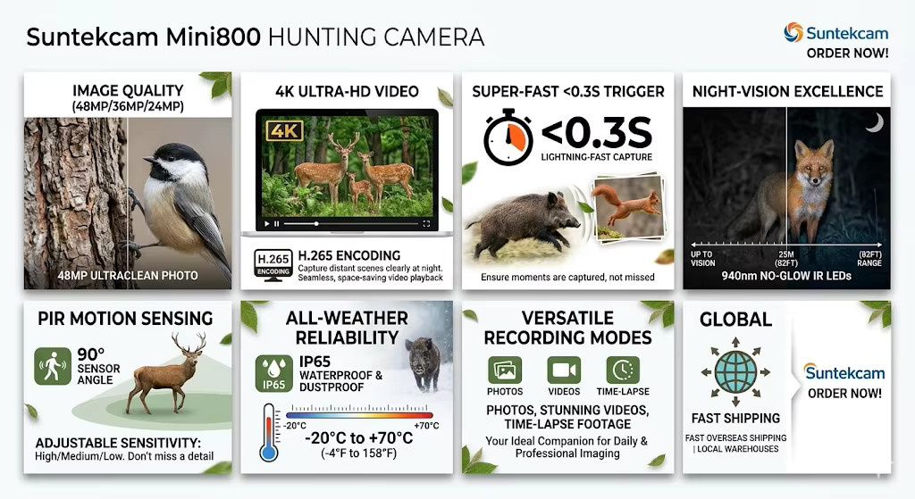 Suntekcam Mini800 Wildkamera mit 24MP und 4K1080P Auflösung inklusive Nachtsicht für Jagd und Tierbeobachtung - Bild 5