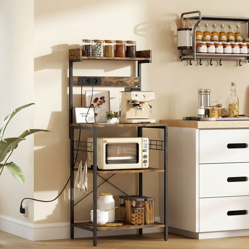 Aosom Küchenregal im Industrie-Stil mit 2 Steckdosen, Bäckerregal als Kaffee-Station und Mikrowellenablage, verstellbare Regalböden, Haken, Farbe: Rustikales Braun und Schwarz, B/T/H: 60 x 42 x 137 cm - Bild 2