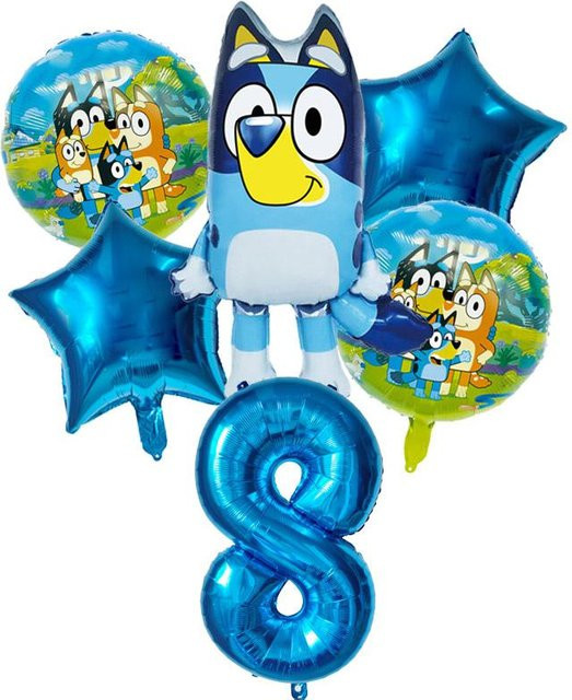 6 Stück Bluey und Bingo Aluminiumballons Set in Blau und Gold mit Sternen für Babyparty und Geburtstagsdekoration - Bild 1