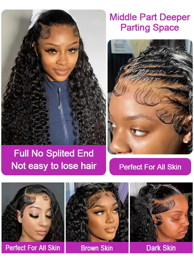 HJ WEAVE BEAUTY Deep Wave Lace Front Perücke, 40-50 Zoll, Brasilianisches Echthaar, Schwarz, Damen - Bild 3