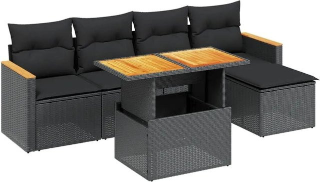 vidaXL 6-teilige Garten-Sofagarnitur aus Poly-Rattan und Akazienholz in Schwarz mit UV-beständigen Kissen - Bild 1