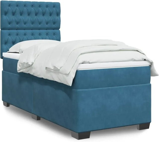 vidaXL Boxspringbett Hybrid mit Matratze in Blau und Weiß, Samt, B/T: 90 x 200 cm - Bild 1