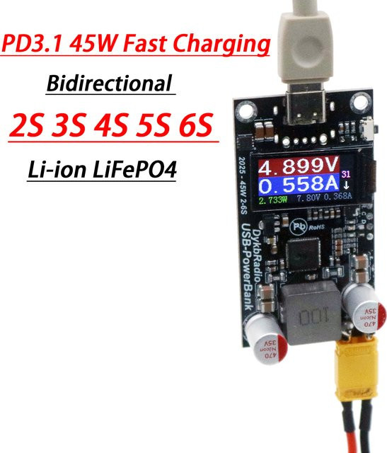 DYKBmetered Bidirektionales 45W Schnell-Ladegerät mit LCD-Display für Lithium RC-Akkus, Li-Ion und LiFePO4, USB-C, Schwarz - Bild 1