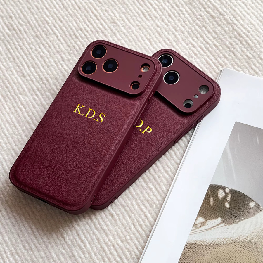 Personalisierte Luxus-Kunstlederhülle für Apple iPhone 17 16 15 14 13 Pro Max Plus Air mit individueller Gold-Heißfolienprägung des Namens-Anfangsbuchstabens in Gold oder Rot - Bild 3