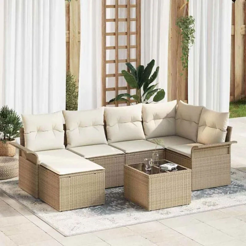 7-teiliges Garten-Sofa-Set mit Kissen und Stauraum aus Poly-Rattan in Beige von vidaxl - Bild 1