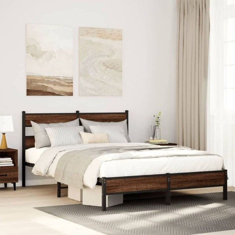 Vidaxl Bettgestell aus Holzwerkstoff und Stahl in Braun im Industrial Design, B/T: 137 x 190 cm - Bild 1