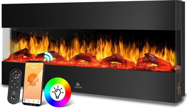 KESSER Wandkamin Elektrokamin mit 3D LED Flammeneffekt in Schwarz, Elektrischer Kamin mit Heizung (900/1800 W) und App-Steuerung - Bild 1