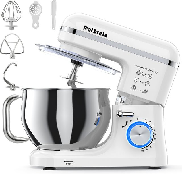 Patbrela Standmixer mit 5L Edelstahlschüssel, 10 Geschwindigkeiten, Knethaken, Rührbesen und Schneebesen für Brotteig, Kuchen und Kekse, Teigknetmaschine und Planetenmixer - Bild 1