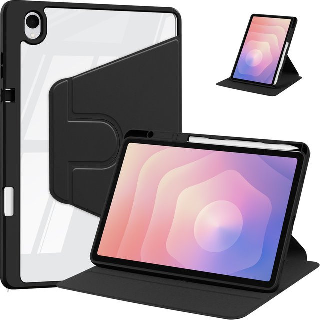 360 Grad drehbare Schutzhülle für Samsung Galaxy Tab S11 5G 2025 11 Zoll SM-X730 SM-X736B mit schwenkbarem Ständer, transparenter Rückseite und Stifthalter in Pink, Schwarz oder Transparent - Bild 1