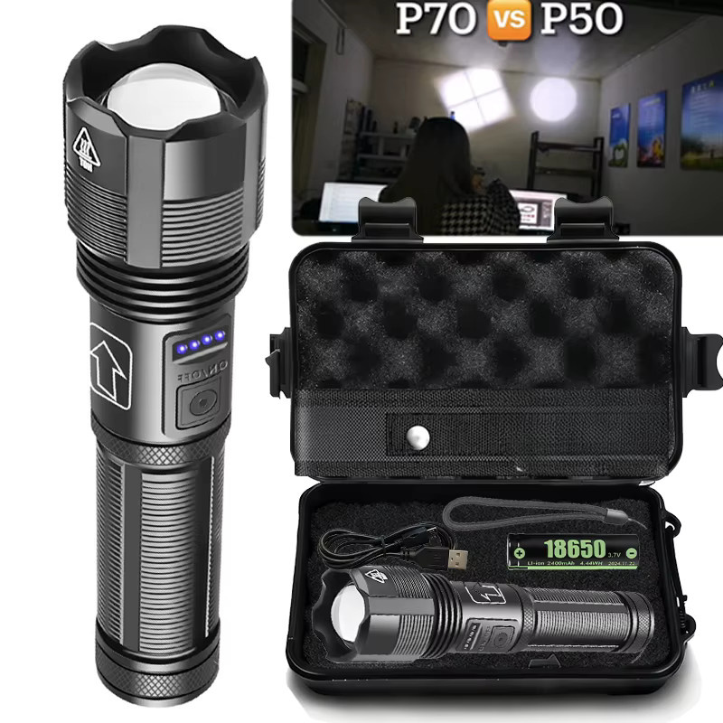 Heinast taktische Taschenlampe aus Aluminiumlegierung mit Teleskop-Zoom, wiederaufladbar, Schwarz - Bild 6