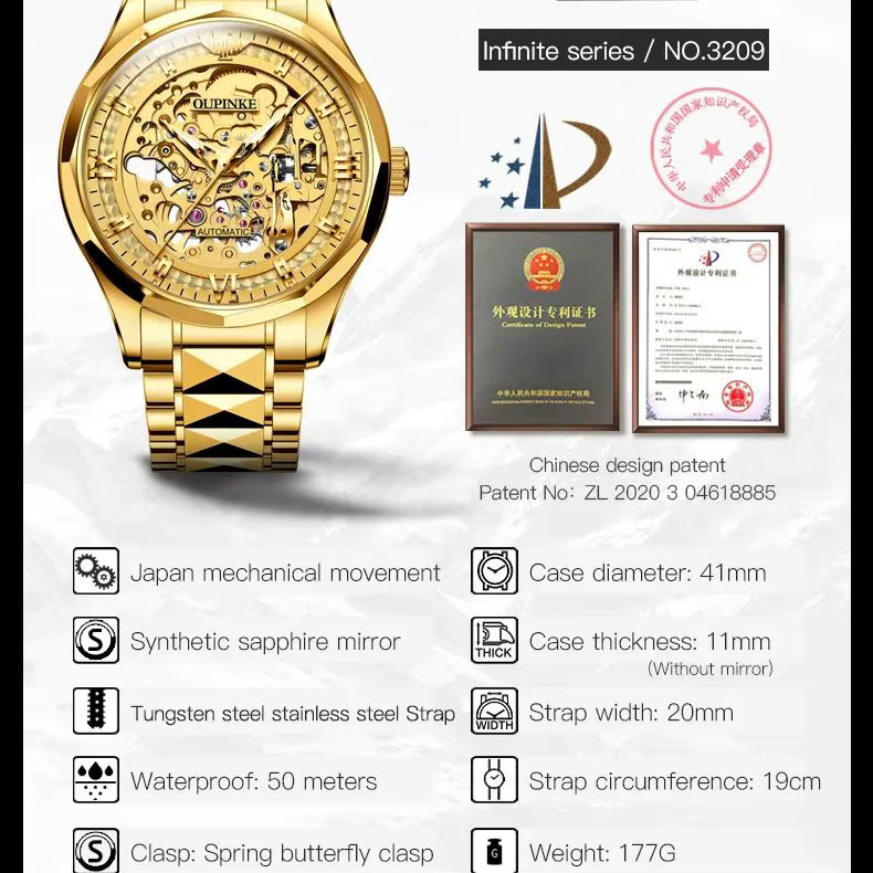 OUPINKE Armbanduhr, Automatik, Edelstahl, Gold, Herren - Bild 6