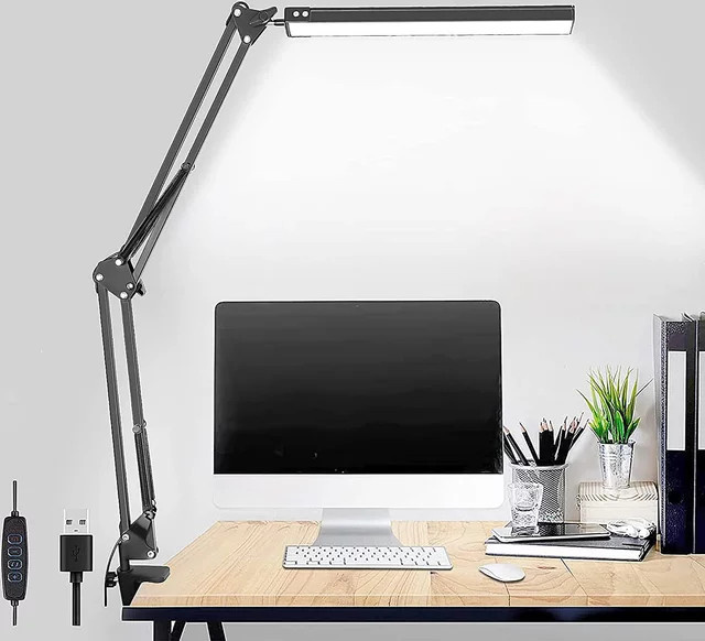 Verstellbare LED-Schreibtischlampe aus Metall in Schwarz mit Schwenkarm, Klemme und 3 Farbmodi für Home Office und Architektur - Bild 1