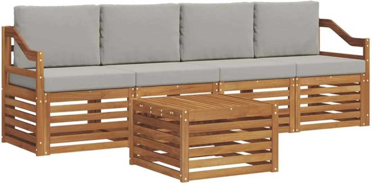 Modernes Outdoor-Sofagarnitur Set aus Akazie mit Kissen von vidaXL, 5-teilige Loungemöbel in Natur und Grau - Bild 1