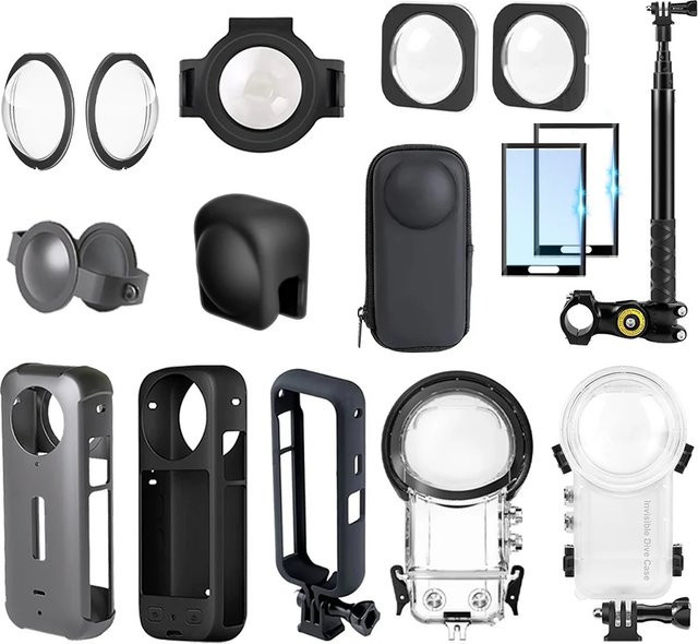 Insta360 X3 Zubehör-Set in Schwarz mit Objektivschutz, Schutzrahmenkappe, Tauchkoffer, Aufbewahrungstasche, Displayschutzfolie und Motorradhalterung - Bild 1