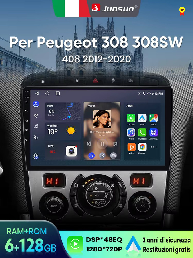 Junsun Android 13 Autoradio mit 9 Zoll Display für Peugeot 308 308SW 408 (2012-2020) mit GPS, Carplay, Bluetooth, 4GB RAM, 64GB Speicher und Rückfahrkamera Unterstützung in Schwarz - Bild 1