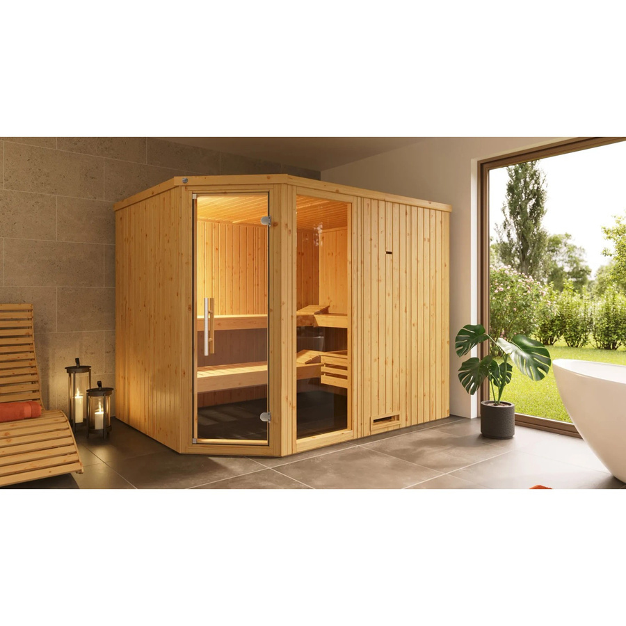 WEKA Ecksauna Varberg 4 aus Fichtenholz in Braun mit Glasfront, B/H/T: 244 x 199 x 194 cm - Bild 2