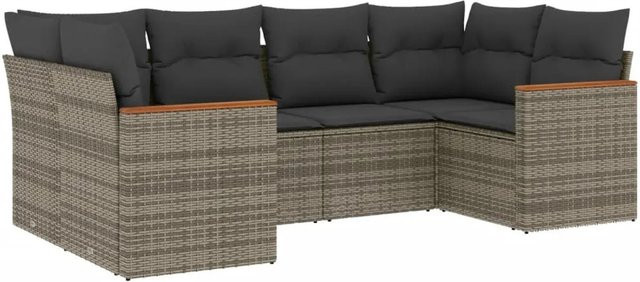 vidaXL 6-teilige Garten-Sofagarnitur in L-Form aus Poly-Rattan und Akazienholz mit Kissen in Grau - Bild 1
