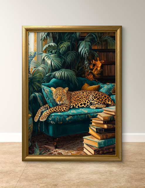 Potdemiel Wandkunst Schläfriger Leopard in Smaragdgrün – Boho Dschungel Wandbild mit Tiermotiv und Naturmotiven - Bild 1