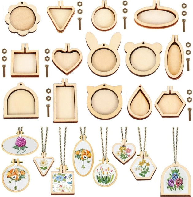 5 Stück Mini-Stickrahmen aus Holz für Bastelarbeiten und Schmuck als runde Anhänger für Kreuzstich und Nähzubehör - Bild 1