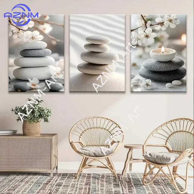 3-teiliges Zen Serene Wandkunst-Set aus Leinwand mit floralem und botanischem Design in Multicolour von AZNM - Bild 1